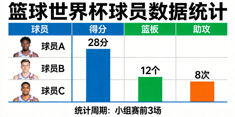篮球世界杯球员数据统计图表，展示得分、篮板、助攻