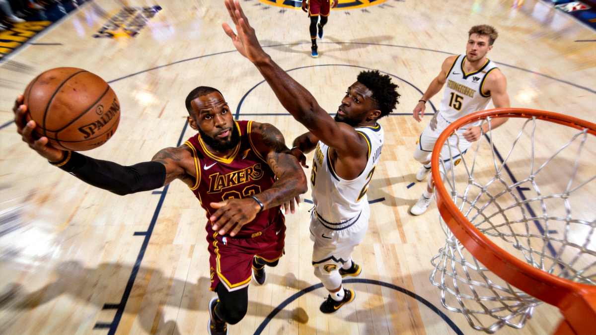 勒布朗·詹姆斯突破上篮，面对两名防守球员的封盖