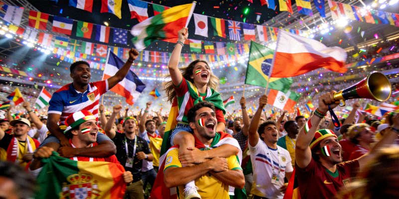 世界杯球迷狂欢现场，不同国家球迷挥舞旗帜热情庆祝
