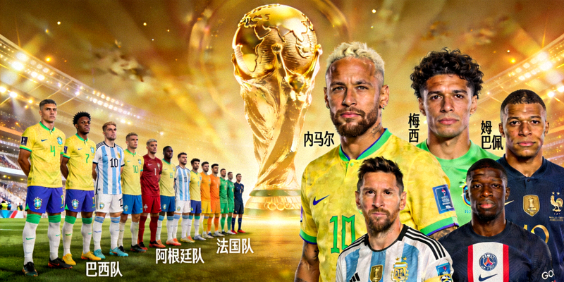 世界杯热门球队集体照及核心球员特写，展现夺冠雄心