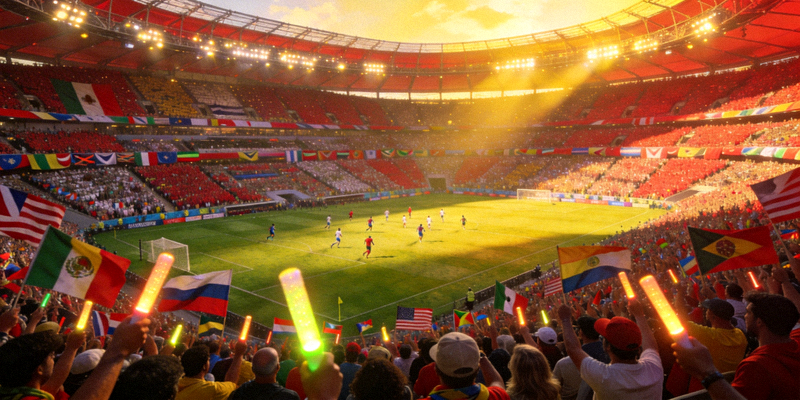 世界杯赛场全景，观众人山人海，气氛热烈