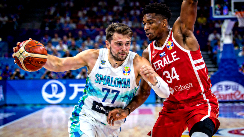 篮球世界杯球星特写，如东契奇、字母哥等在比赛中