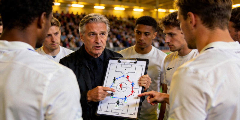 教练在场边拿着战术板向球员布置战术，神情专注