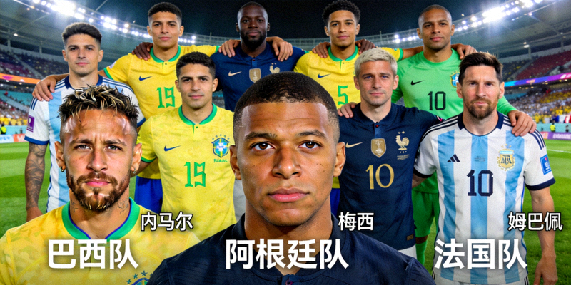 世界杯热门球队集体照及核心球员特写，展现团队精神